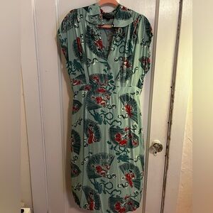 Trashy Diva Asian Print Teal and Red Fan Print Midi Dress